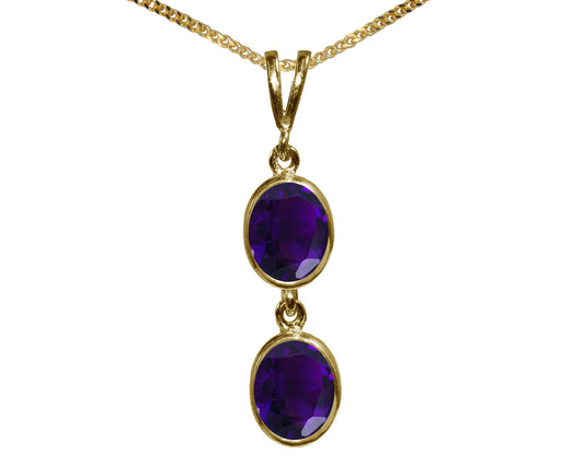 Natural Amethyst Double Drop Oval Pendant & Necklace Available in White / Yellow / Rose Gold