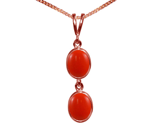 Natural Peach Coral Double Drop Oval Pendant & Necklace Available in White / Yellow / Rose Gold
