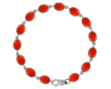 BJC® 9ct White Gold Natural Peach Coral 21.00ct Oval Gemstone Tennis Bracelet