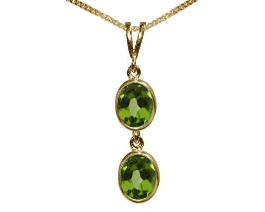 Natural Peridot Double Drop Oval Pendant & Necklace Available in White / Yellow / Rose Gold