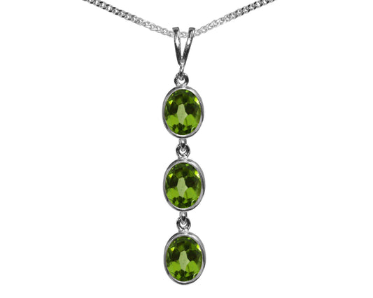 Natural Peridot Triple Drop Oval Pendant & Necklace Available in White / Yellow / Rose Gold