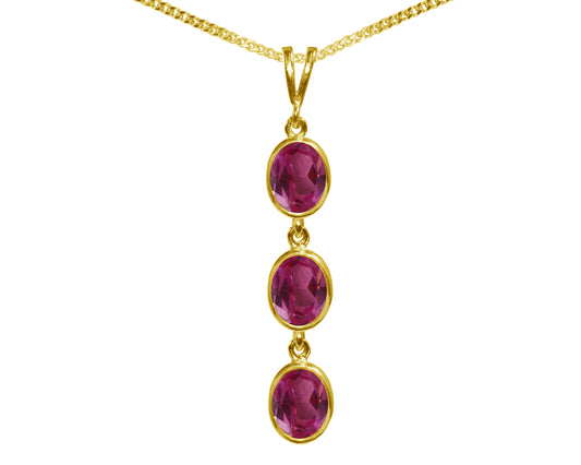 Natural Pink Topaz Triple Drop Oval Pendant & Necklace Available in White / Yellow / Rose Gold