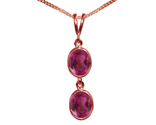 Natural Pink Topaz Double Drop Oval Pendant & Necklace Available in White / Yellow / Rose Gold