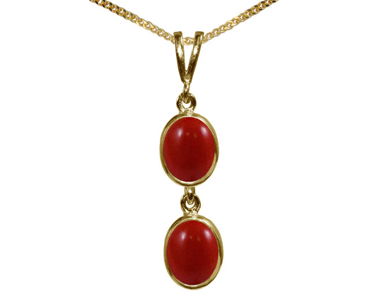 Natural Red Coral Double Drop Oval Pendant & Necklace Available in White / Yellow / Rose Gold