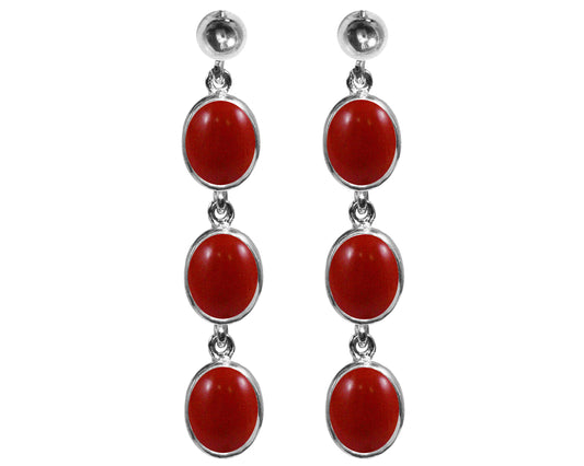 BJC® Sterling Silver Natural Red Coral Triple Drop Dangling Studs Earrings