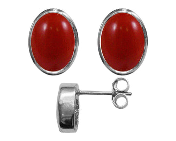 BJC® 9ct White Gold Natural Red Coral Oval Stud Earrings 3.00ct Studs Brand New