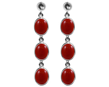 BJC® 9ct White Gold Natural Red Coral Triple Drop Dangling Studs Earrings