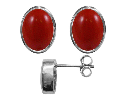 BJC® Sterling Silver Natural Red Coral Oval Stud Earrings 3.00ct Studs Brand New