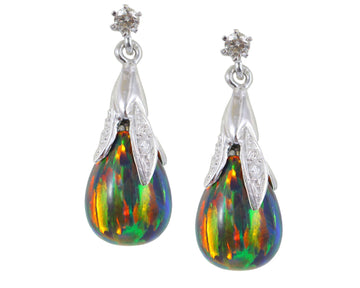 BJC® 9ct White Gold Black Opal & Diamond Briolette Drop Dangling Stud Earrings