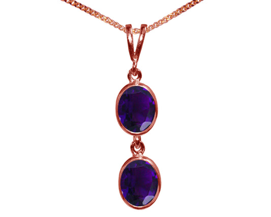 Natural Amethyst Double Drop Oval Pendant & Necklace Available in White / Yellow / Rose Gold
