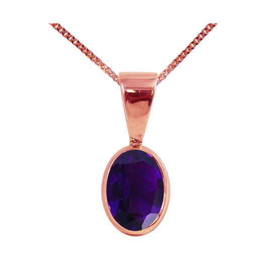 Natural Amethyst Single Drop Oval Pendant & Necklace Available in White / Yellow / Rose Gold