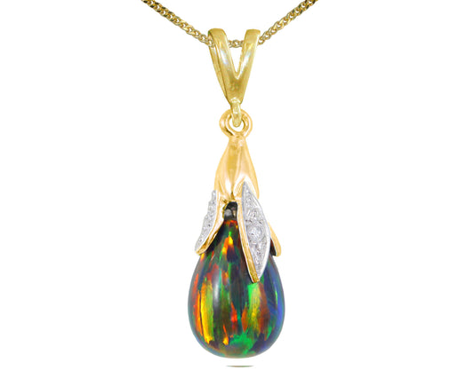 BJC® 9ct Yellow Gold Black Opal & Diamond Briolette Drop Pendant / Necklace
