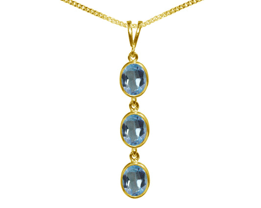 Natural Blue Topaz Triple Drop Oval Pendant & Necklace Available in White / Yellow / Rose Gold