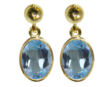 BJC® 9ct Yellow Gold Natural Blue Topaz Oval Single Drop Dangling Studs Earrings