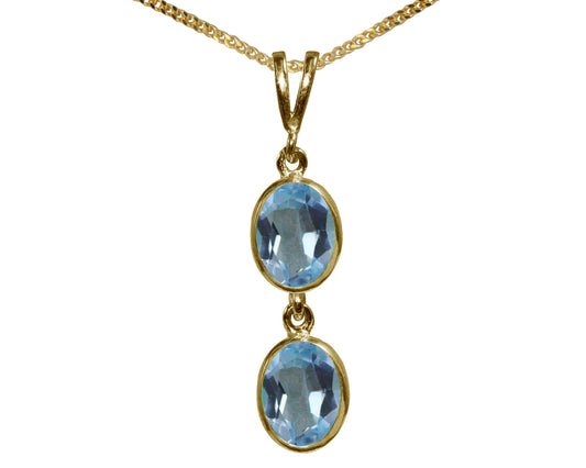 Natural Blue Topaz Double Drop Oval Pendant & Necklace Available in White / Yellow / Rose Gold