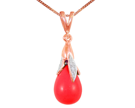 BJC® 9ct Rose Gold Blood Red Coral & Diamond Briolette Drop Pendant / Necklace