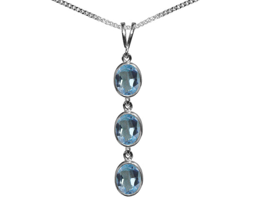 Natural Blue Topaz Triple Drop Oval Pendant & Necklace Available in White / Yellow / Rose Gold