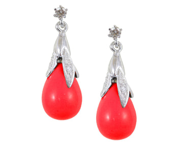 BJC® 9ct White Gold Red Coral & Diamond Briolette Drop Dangling Stud Earrings