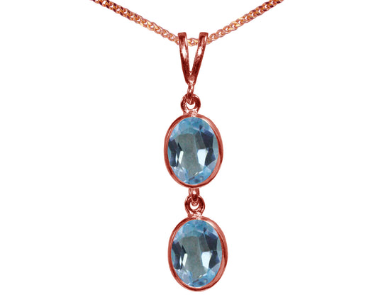 Natural Blue Topaz Double Drop Oval Pendant & Necklace Available in White / Yellow / Rose Gold