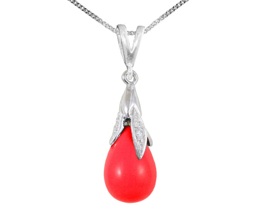 BJC® 9ct White Gold Blood Red Coral & Diamond Briolette Drop Pendant / Necklace