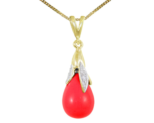 BJC® 9ct Yellow Gold Blood Red Coral & Diamond Briolette Drop Pendant / Necklace