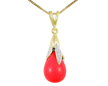 BJC® 9ct Yellow Gold Blood Red Coral & Diamond Briolette Drop Pendant / Necklace