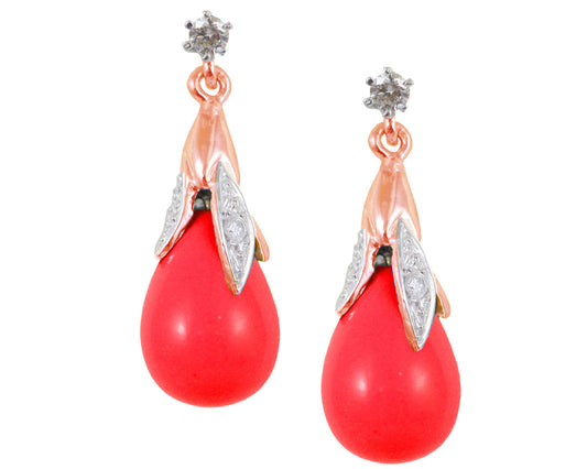 BJC® 9ct Rose Gold Red Coral & Diamond Briolette Drop Dangling Stud Earrings