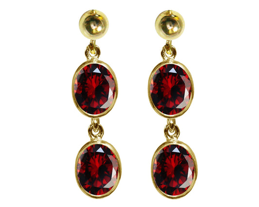 BJC® 9ct Yellow Gold Natural Garnet Oval Double Drop Dangling Studs Earrings