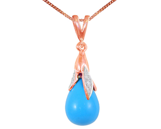 BJC® 9ct Rose Gold Turquoise & Diamond Briolette Drop Pendant / Necklace