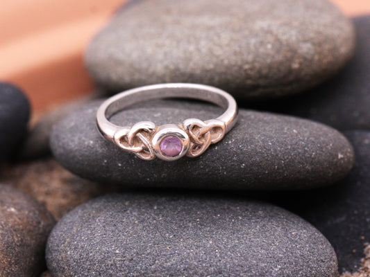 Sterling Silver 925 Round Brilliant Cut Celtic Style Traditional Ring Amethyst Size J