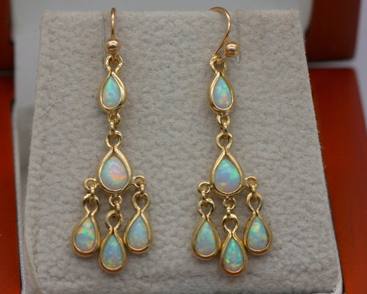 Beautiful 9ct Yellow Gold Cabochon Opal Chandelier Drop Earrings Brand New