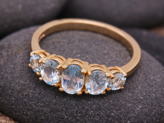 BJC® 9ct Yellow Gold Blue Topaz 5 Stone Art Deco Style Ring Size O