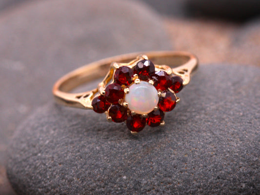 BJC® 9ct Yellow Gold Almandine Garnet & Opal Round Cluster Ring Size I i R129