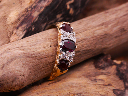 BJC® 9ct Yellow Gold Almandine Garnet & Diamond Oval Gypsy Kiss Ring Size M R127