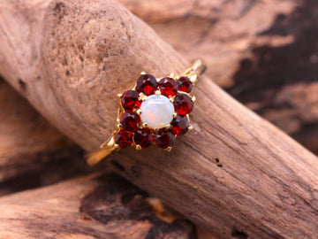 BJC® 9ct Yellow Gold Almandine Garnet & Opal Round Cluster Ring Size I i R129