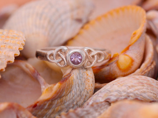 Sterling Silver 925 Round Brilliant Cut Celtic Style Traditional Ring Amethyst Size J