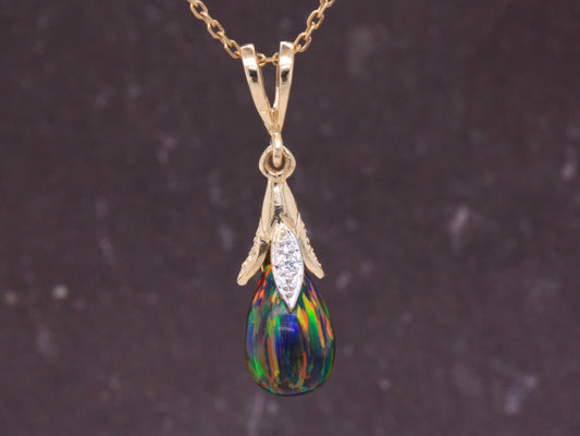 BJC® 9ct Yellow Gold Black Opal & Diamond Briolette Drop Pendant / Necklace