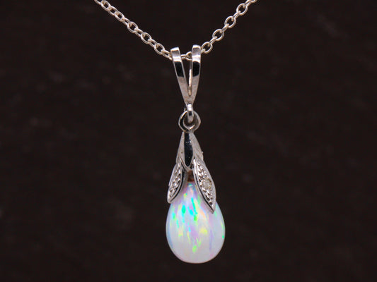 BJC® 9ct White Gold White Opal & Diamond Briolette Drop Pendant / Necklace