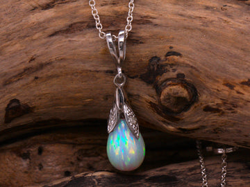 BJC® 9ct White Gold White Opal & Diamond Briolette Drop Pendant / Necklace