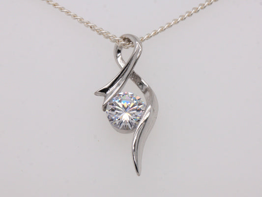 Solid Sterling Silver Cubic Zirconia Infinity Ribbon Bow CZ Pendant