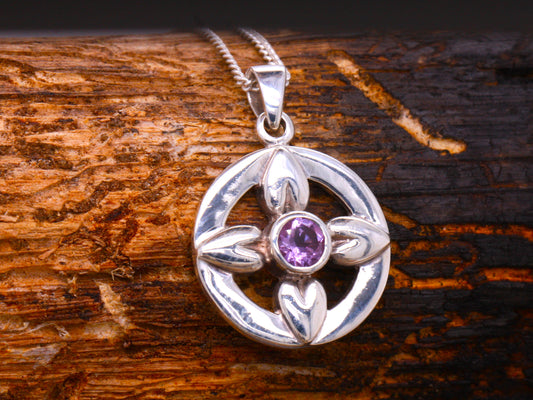 Sterling Silver Celtic Style Heart Shield Cross Amethyst Pendant & Necklace