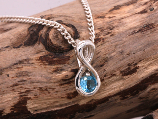 Sterling Silver Blue Topaz Infinity Love Pendant & Silver Necklace British Made