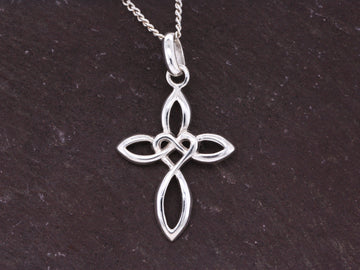 Solid Sterling Silver Celtic Style Love Cross Pendant & Sterling Silver Trace Necklace