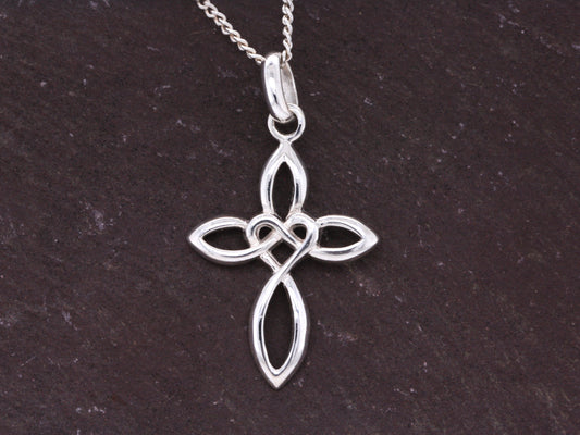 Solid Sterling Silver Celtic Style Love Cross Pendant & Sterling Silver Trace Necklace
