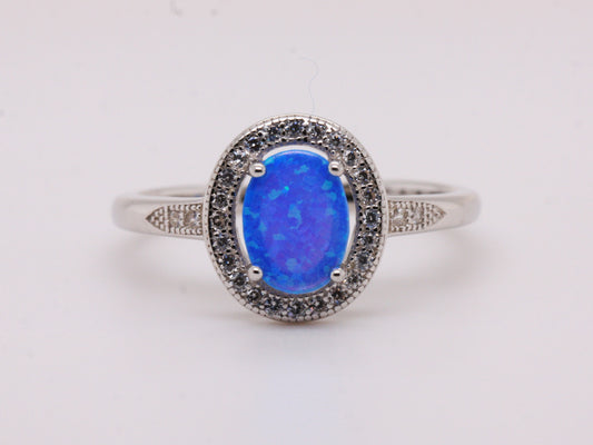 BJC® Sterling Silver Fiery Blue Opal & Cubic Zirconia Oval CZ Ring Size JNP