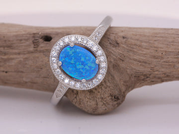 BJC® Sterling Silver Fiery Blue Opal & Cubic Zirconia Oval CZ Ring Size JNP