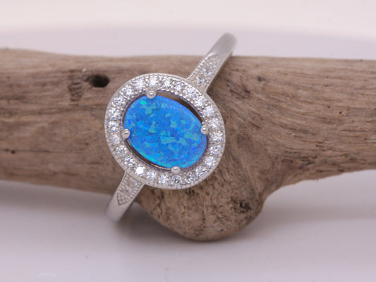BJC® Sterling Silver Fiery Blue Opal & Cubic Zirconia Oval CZ Ring Size JNP