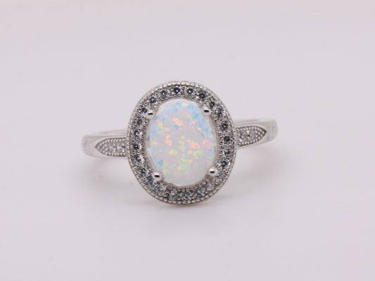 BJC® Sterling Silver Fiery White Opal & Cubic Zirconia Oval CZ Ring Size J & P