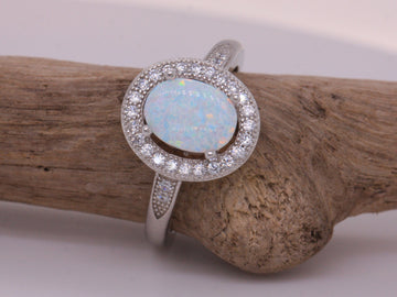 BJC® Sterling Silver Fiery White Opal & Cubic Zirconia Oval CZ Ring Size J & P