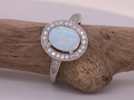 BJC® Sterling Silver Fiery White Opal & Cubic Zirconia Oval CZ Ring Size J & P